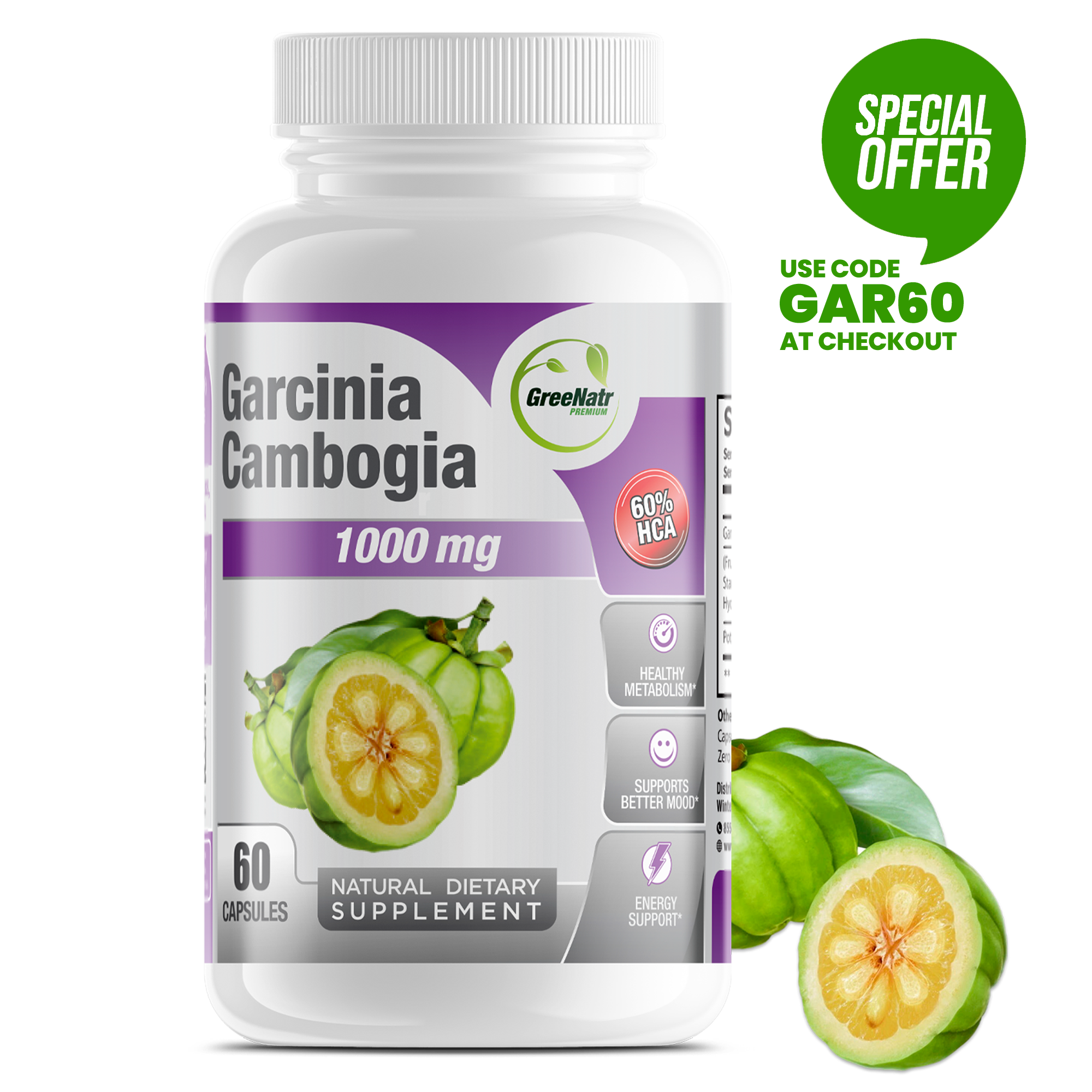 Pure Garcinia Cambogia Extract 1000mg 60% HCA